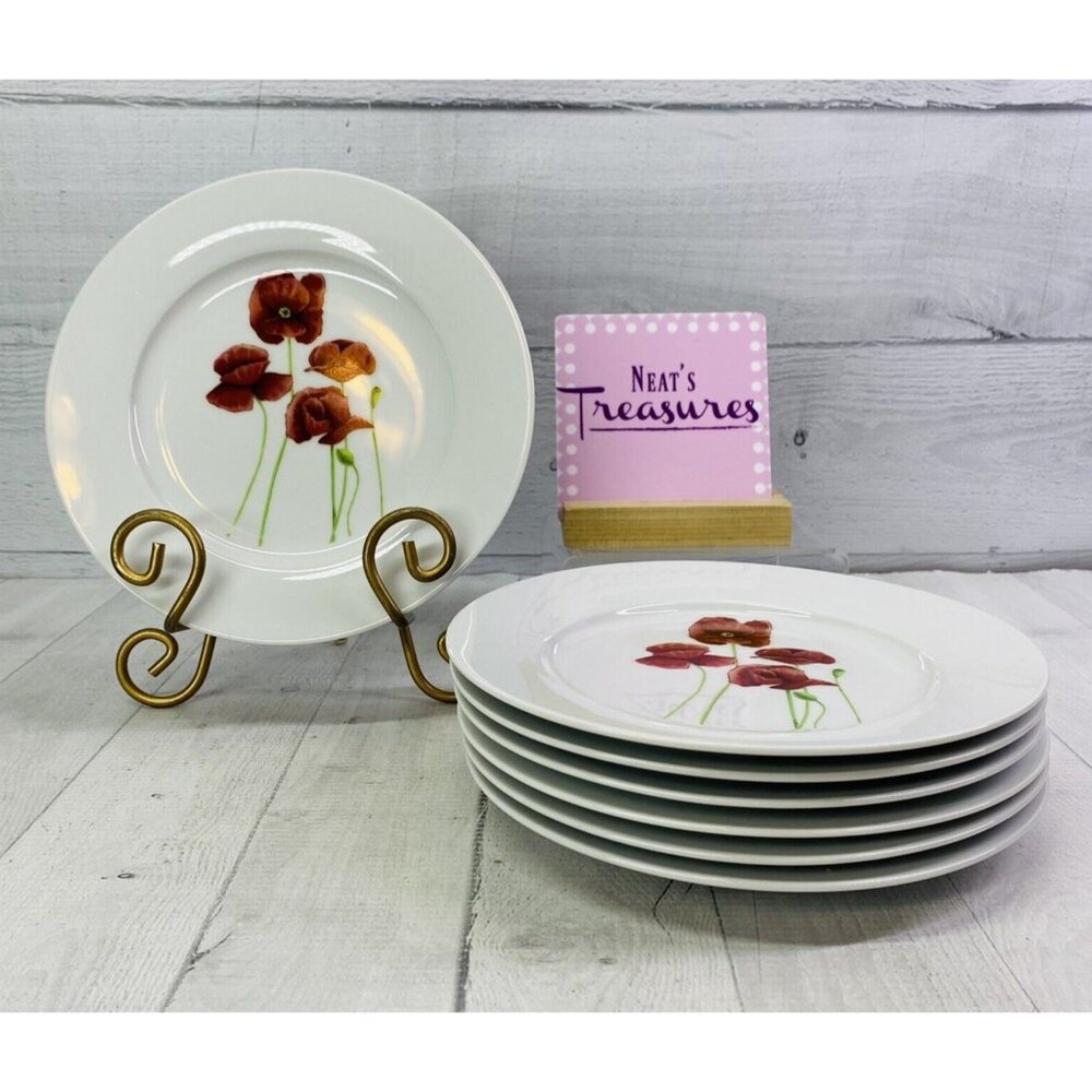 Creative Tops FIELD POPPIES England  Red On White Porcelain Salad Plates Set 7